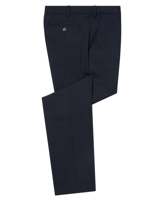 Man wearing a navy Slim Leg Checked Stretch Formal Trousers