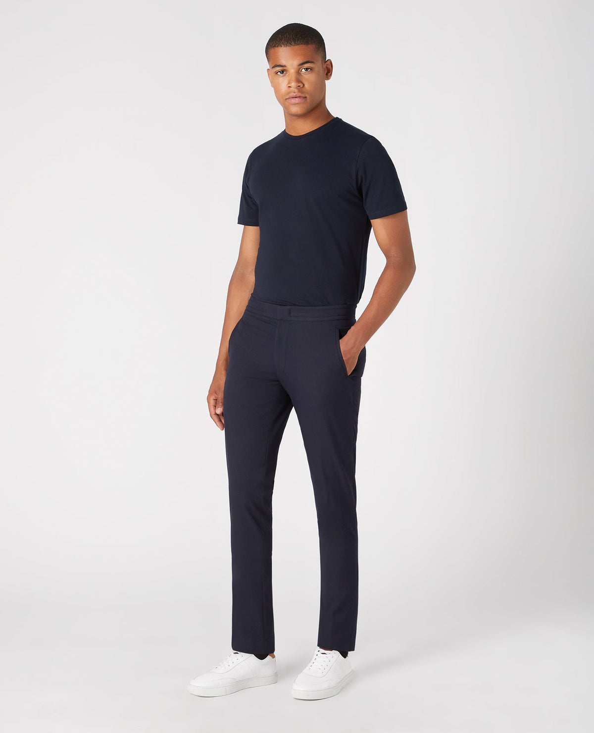 Man wearing a navy Slim Leg Stretch Trouser