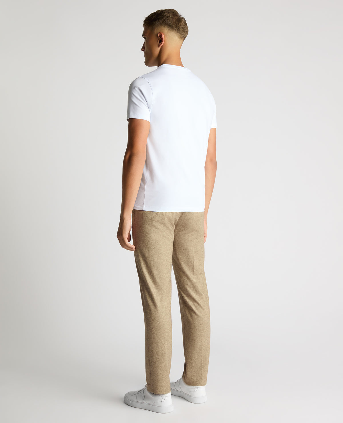 Man wearing a sand Slim Leg Wool Blend Trousers