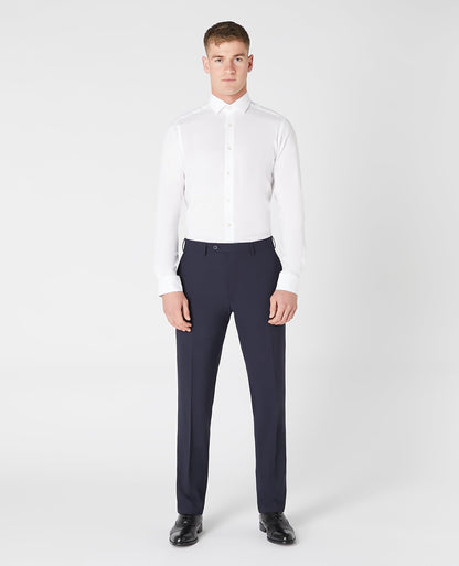 Man wearing a navy Tapered Leg Wool-Blend Suit Trouser