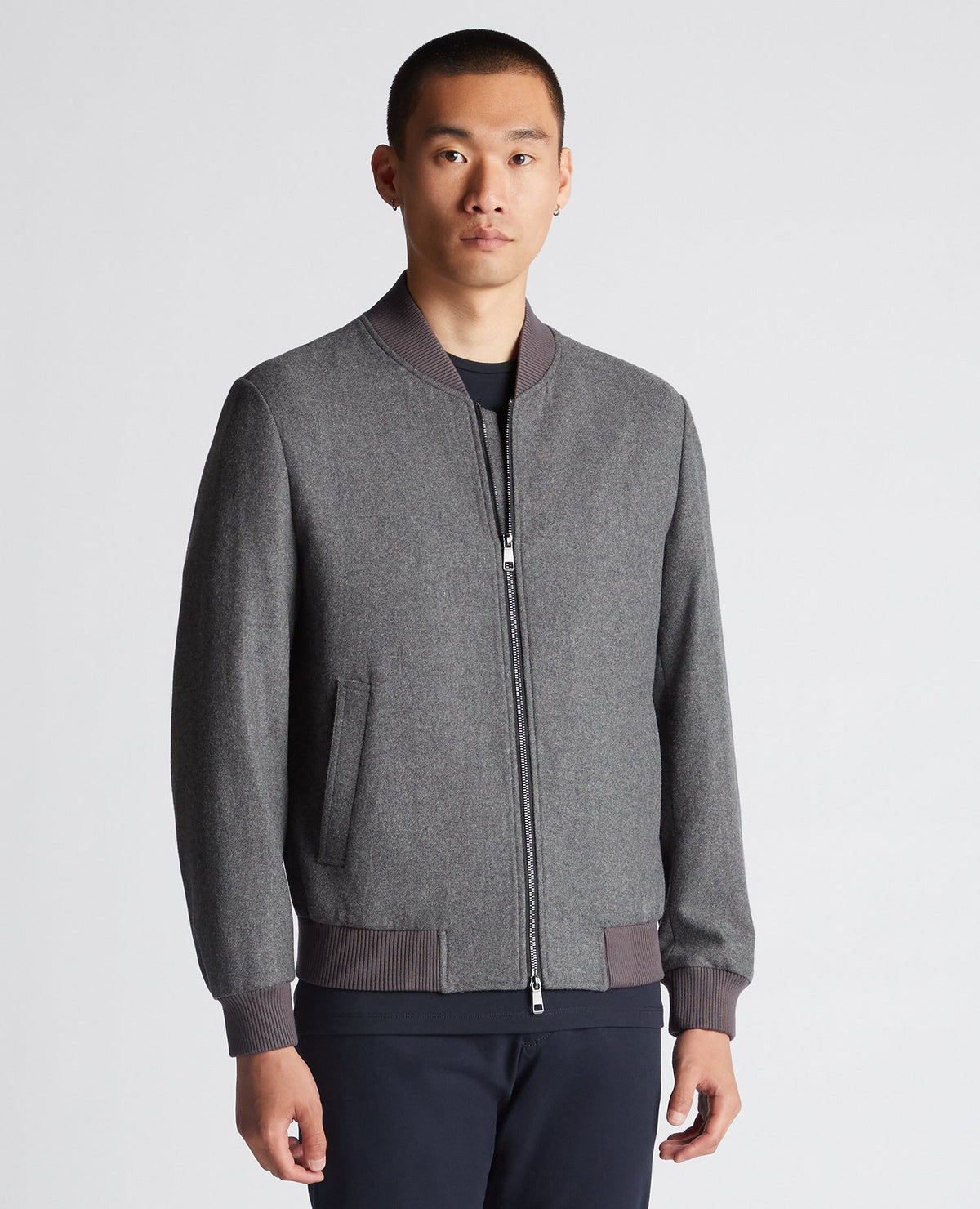 Man wearing a grey Tapered Fit Wool-Blend Bomber Jacket