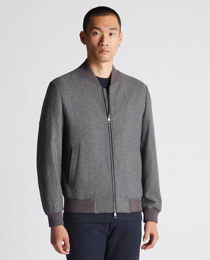 Man wearing a grey Tapered Fit Wool-Blend Bomber Jacket