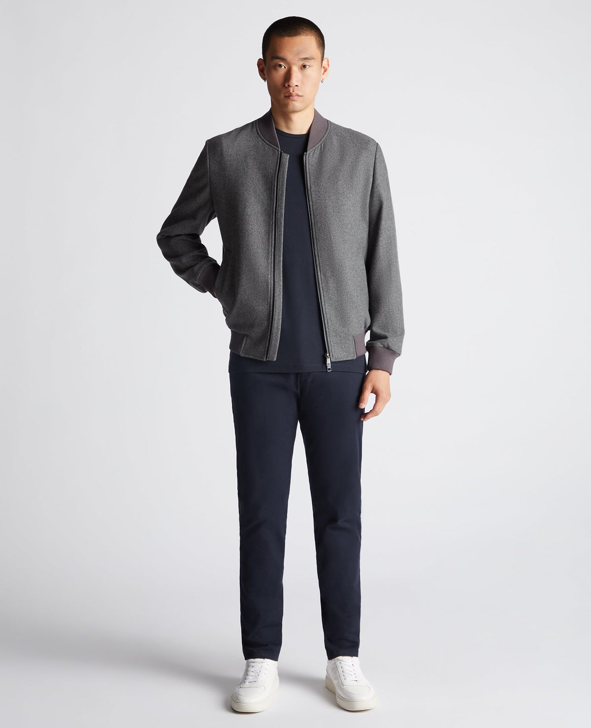 Man wearing a grey Tapered Fit Wool-Blend Bomber Jacket