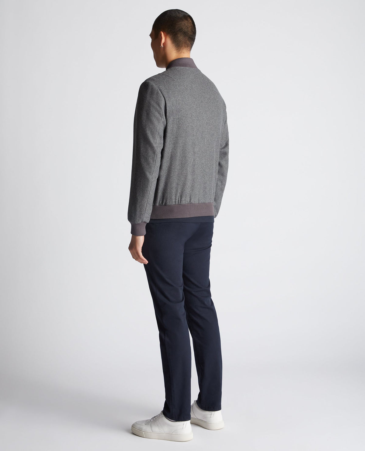 Man wearing a grey Tapered Fit Wool-Blend Bomber Jacket