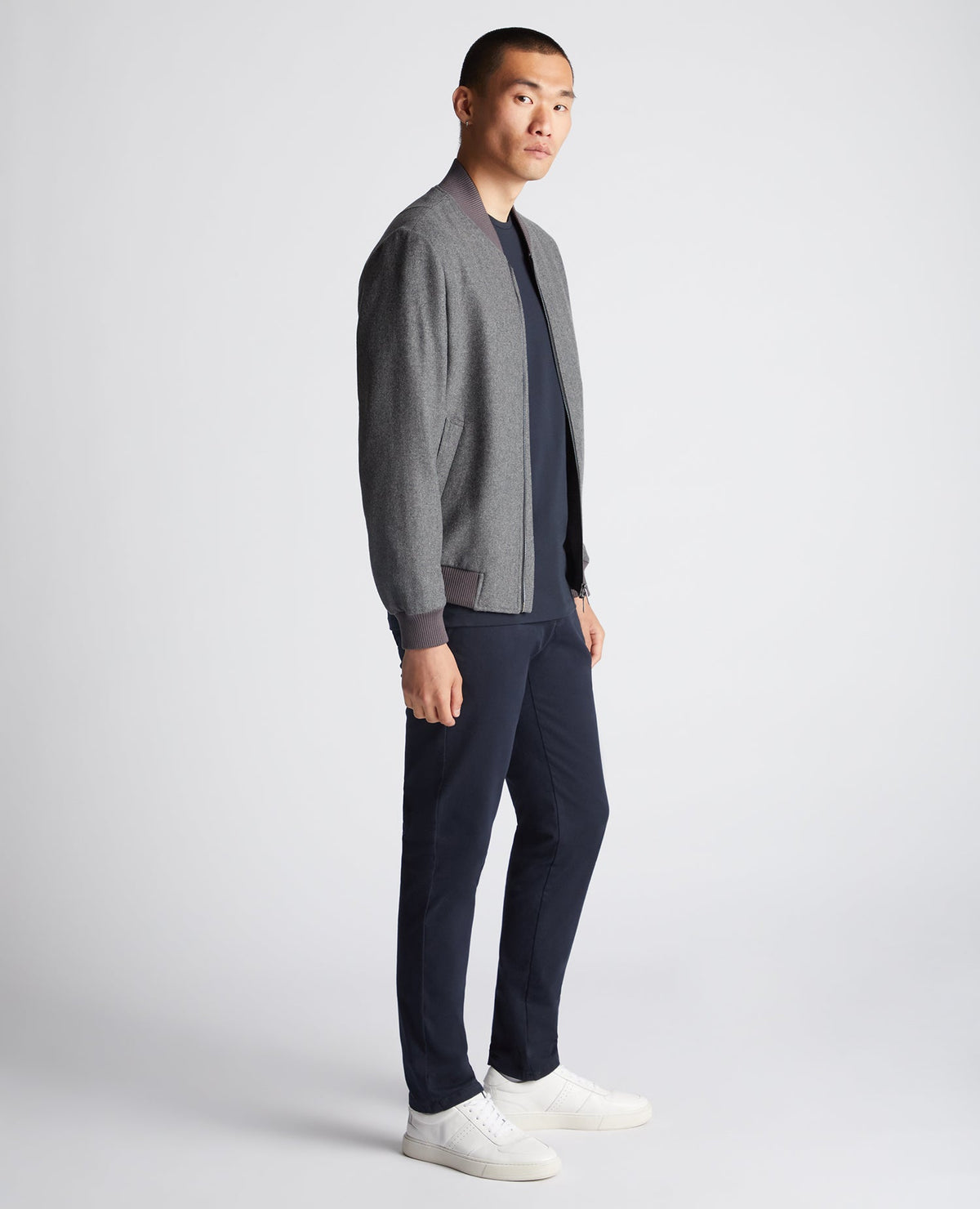 Man wearing a grey Tapered Fit Wool-Blend Bomber Jacket