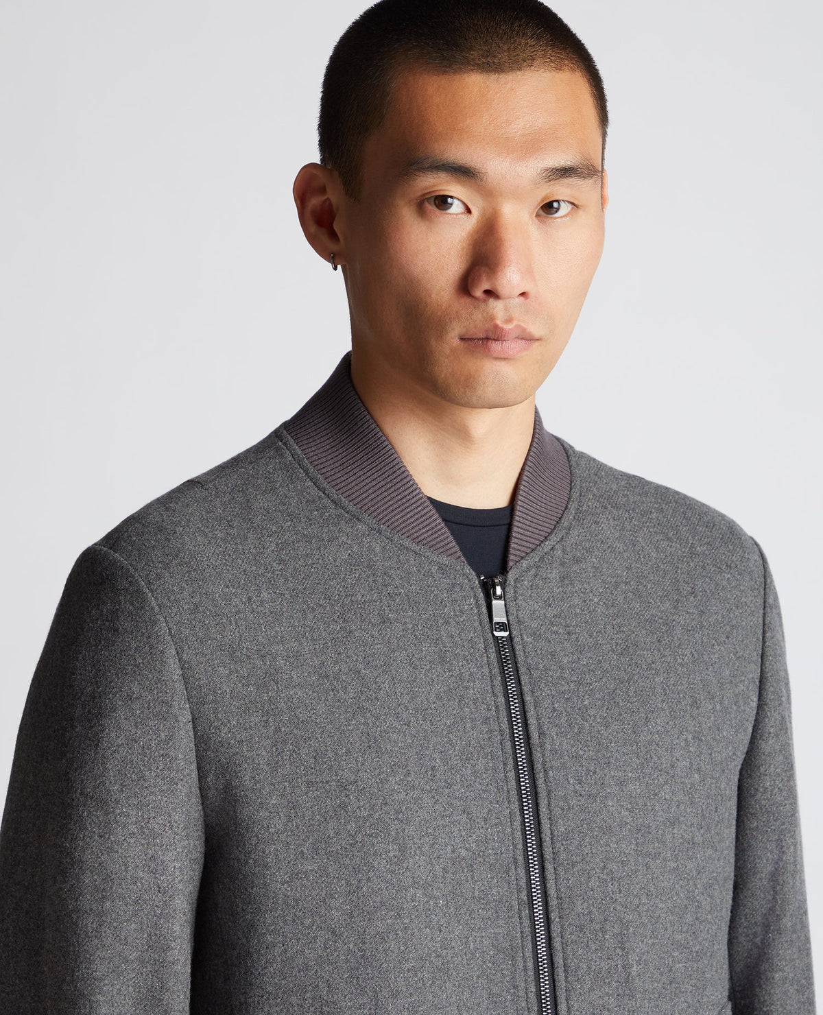 Man wearing a grey Tapered Fit Wool-Blend Bomber Jacket