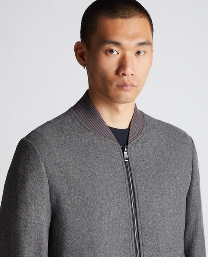 Man wearing a grey Tapered Fit Wool-Blend Bomber Jacket