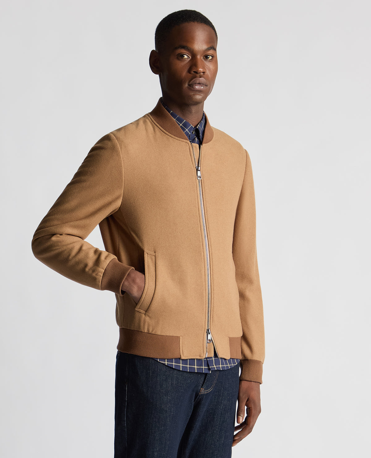 Man wearing a orange Regular Fit Wool-Blend Bomber Jacket