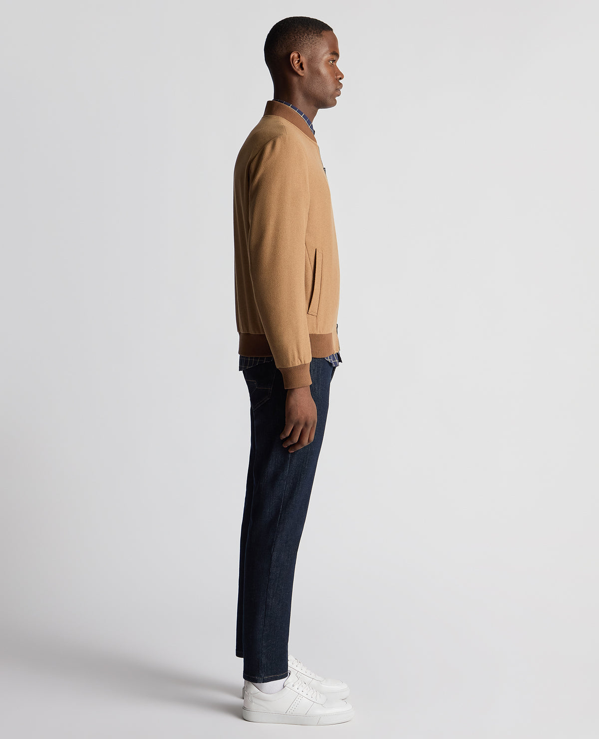 Man wearing a orange Regular Fit Wool-Blend Bomber Jacket