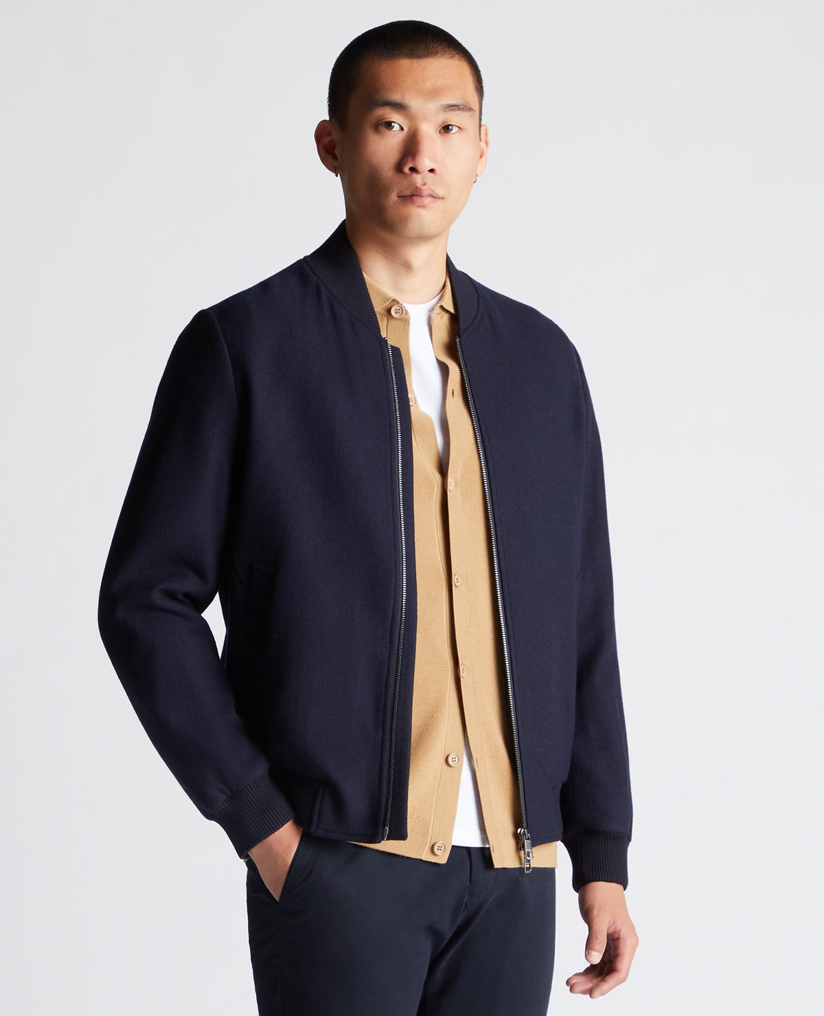 Man wearing a navy Regular Fit Wool-Blend Bomber Jacket