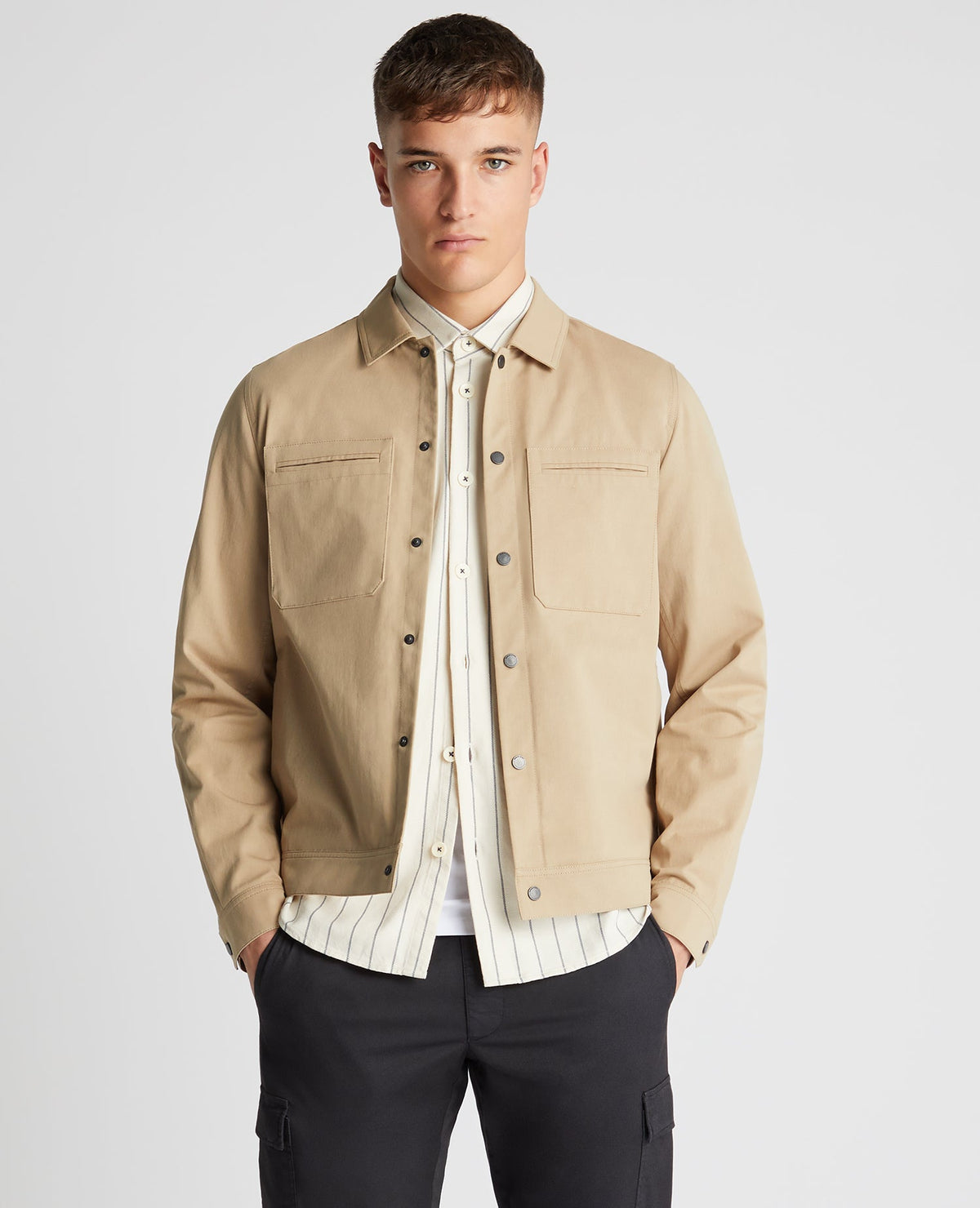 Man wearing a sand Regular Fit Cotton Twill Utility Jacket