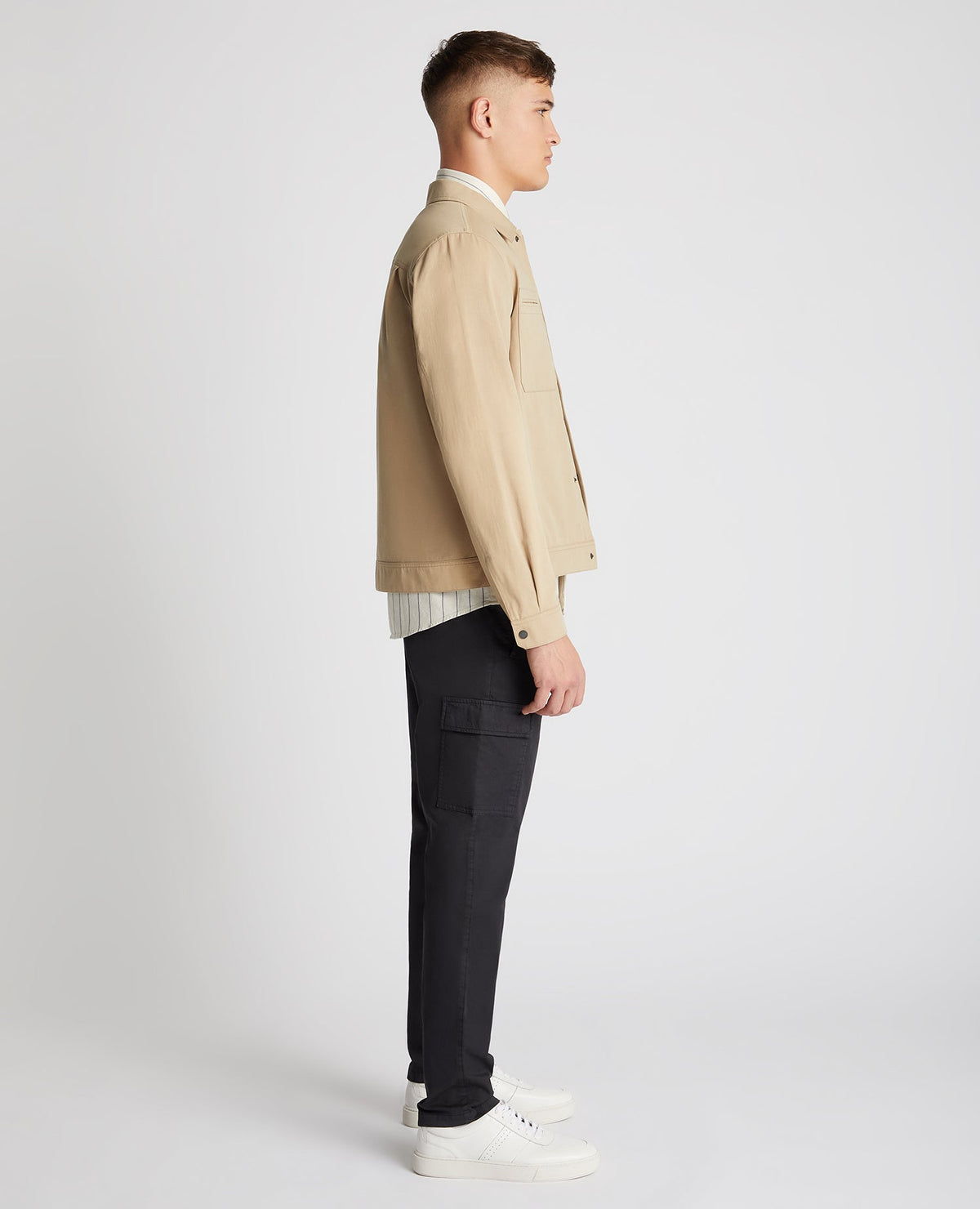 Man wearing a sand Regular Fit Cotton Twill Utility Jacket