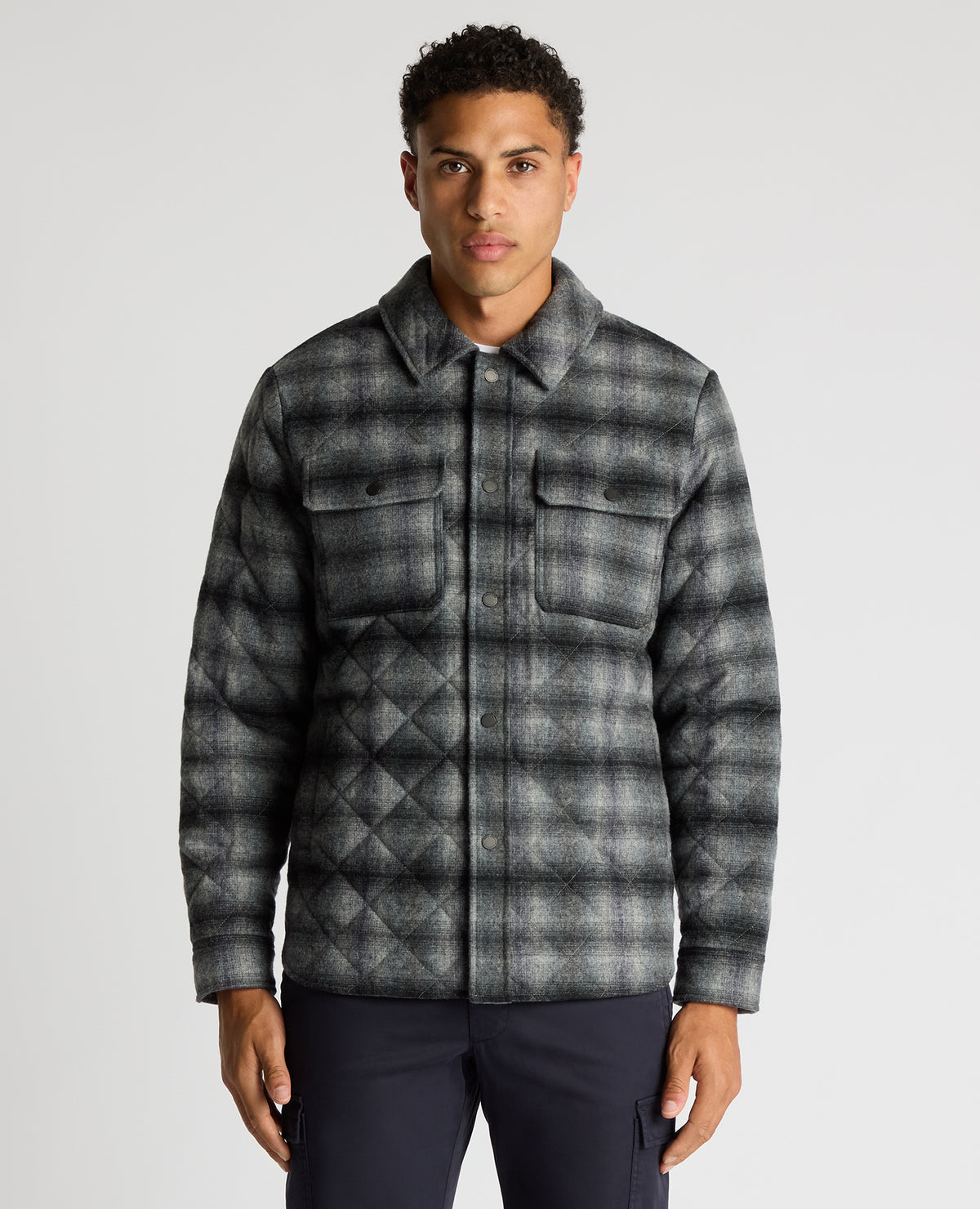 Man wearing a navy Regular Fit Quilted Overshirt