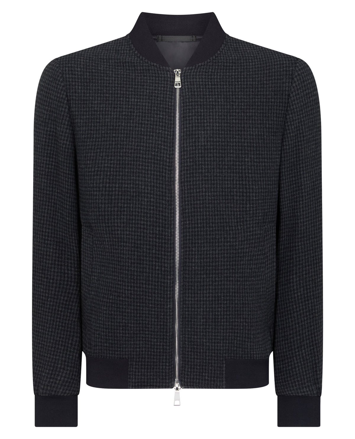 Man wearing a navy Regular Fit Club Check Flannel Bomber Jacket