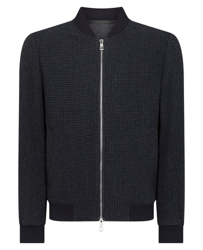Man wearing a navy Regular Fit Club Check Flannel Bomber Jacket
