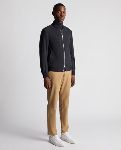 Man wearing a navy Regular Fit Club Check Flannel Bomber Jacket