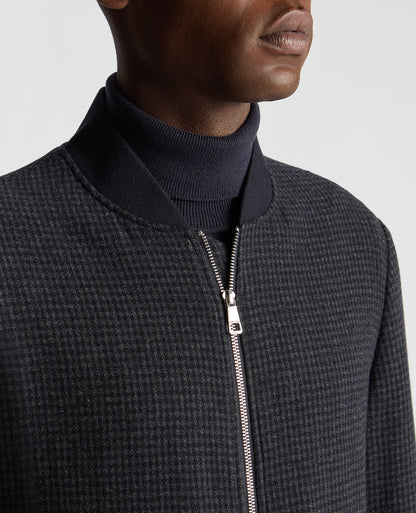 Man wearing a navy Regular Fit Club Check Flannel Bomber Jacket