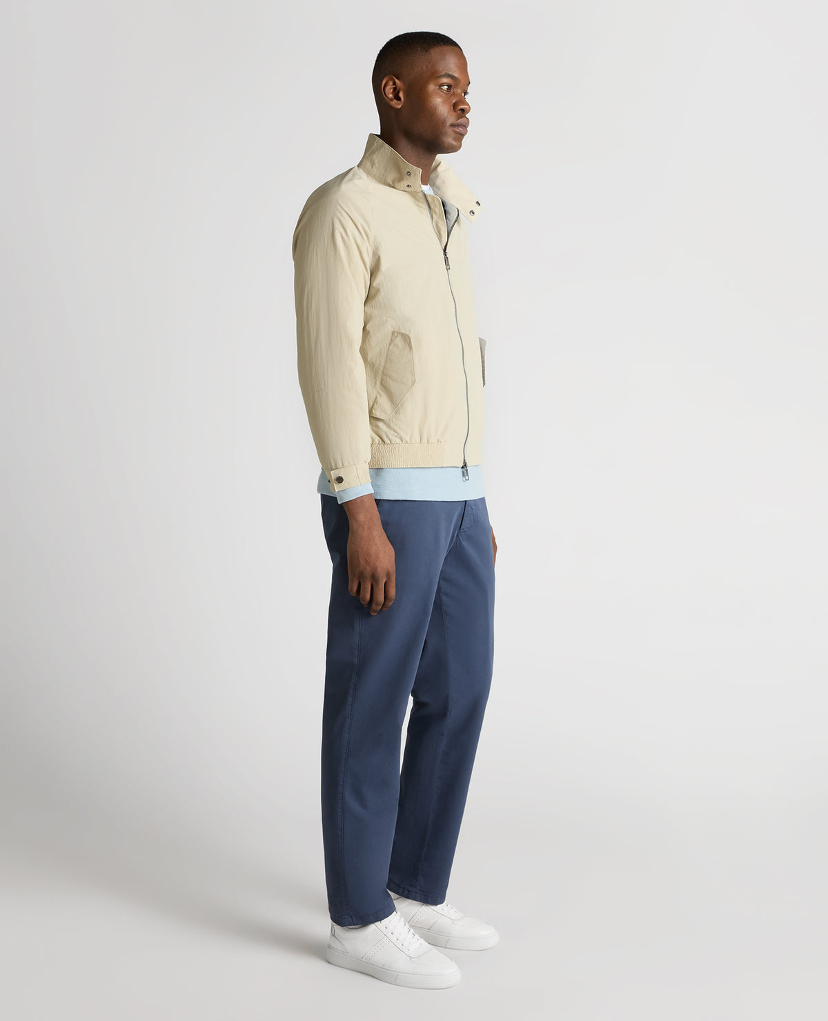 Man wearing a sand Regular Fit Showerproof Harrington Jacket
