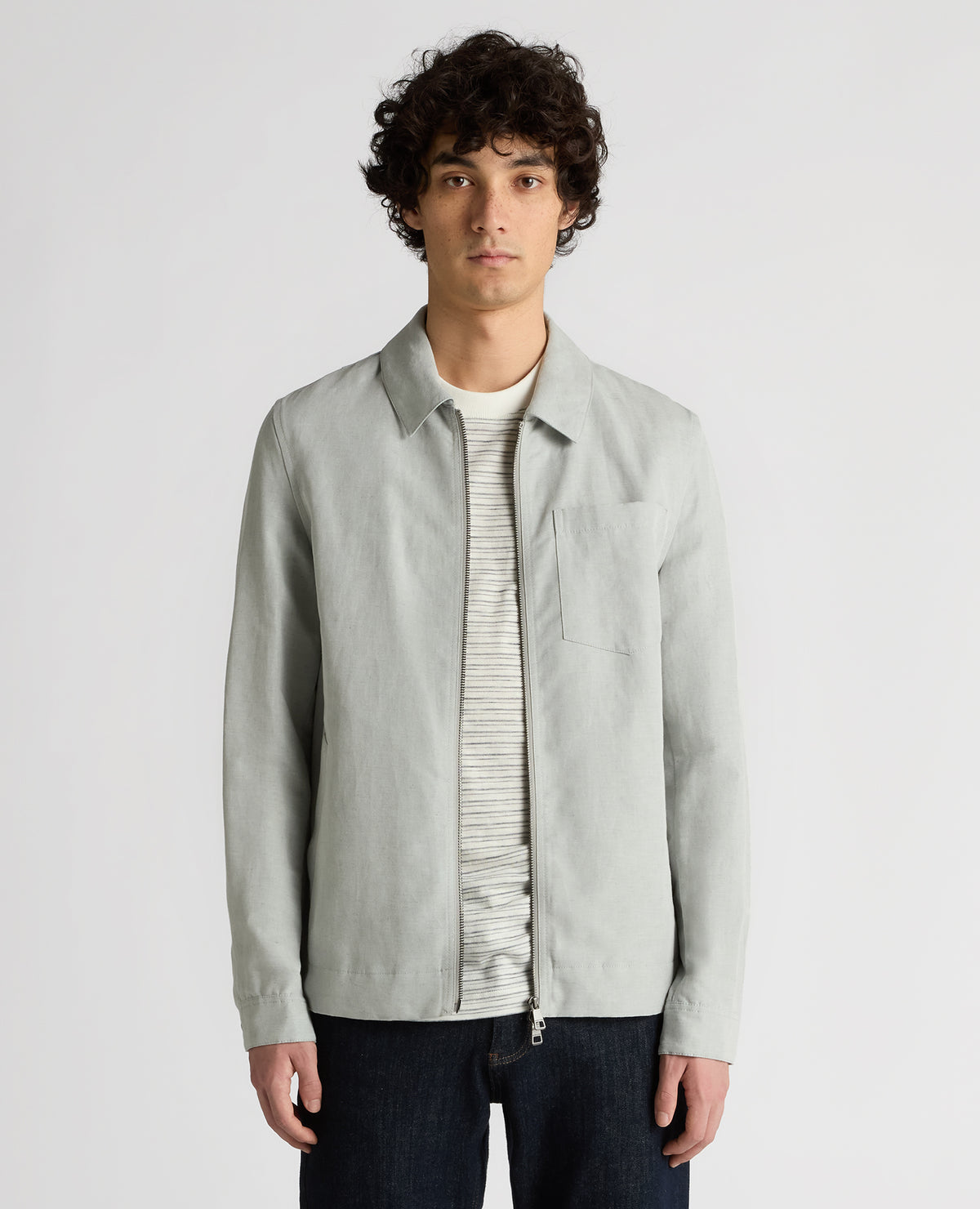 Man wearing a blue Regular Fit Two-Way Zip Shirt Jacket