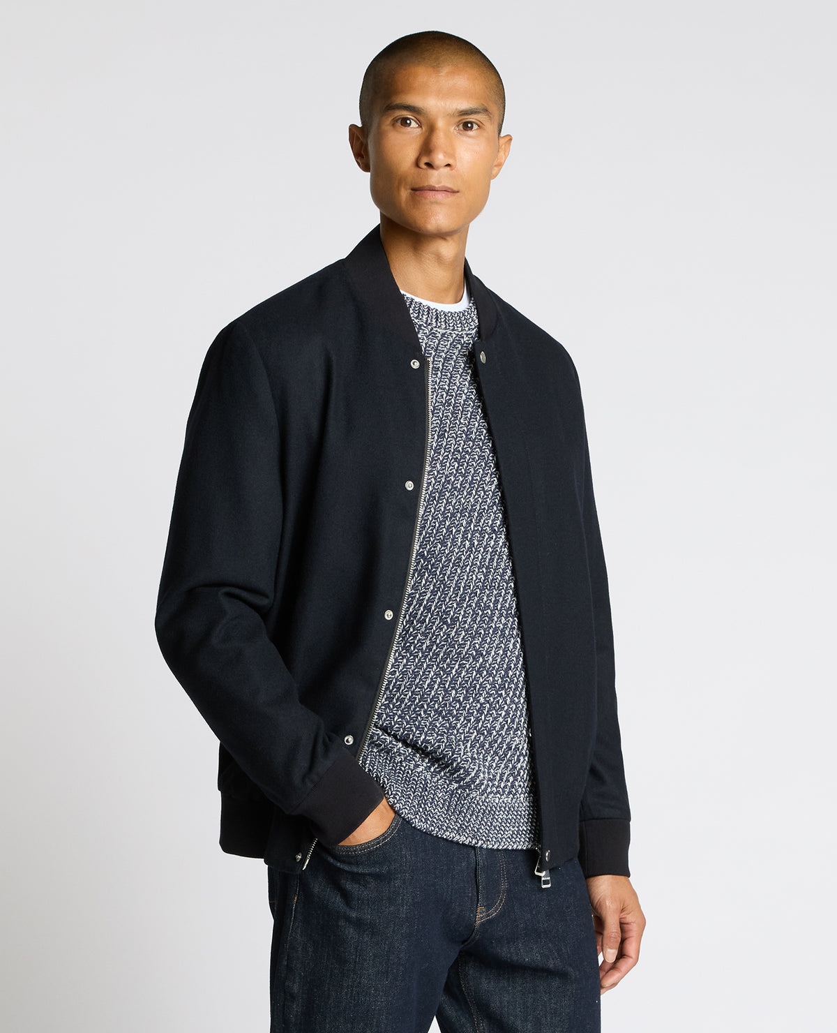 Man wearing a navy Wool-Blend Bomber Jacket
