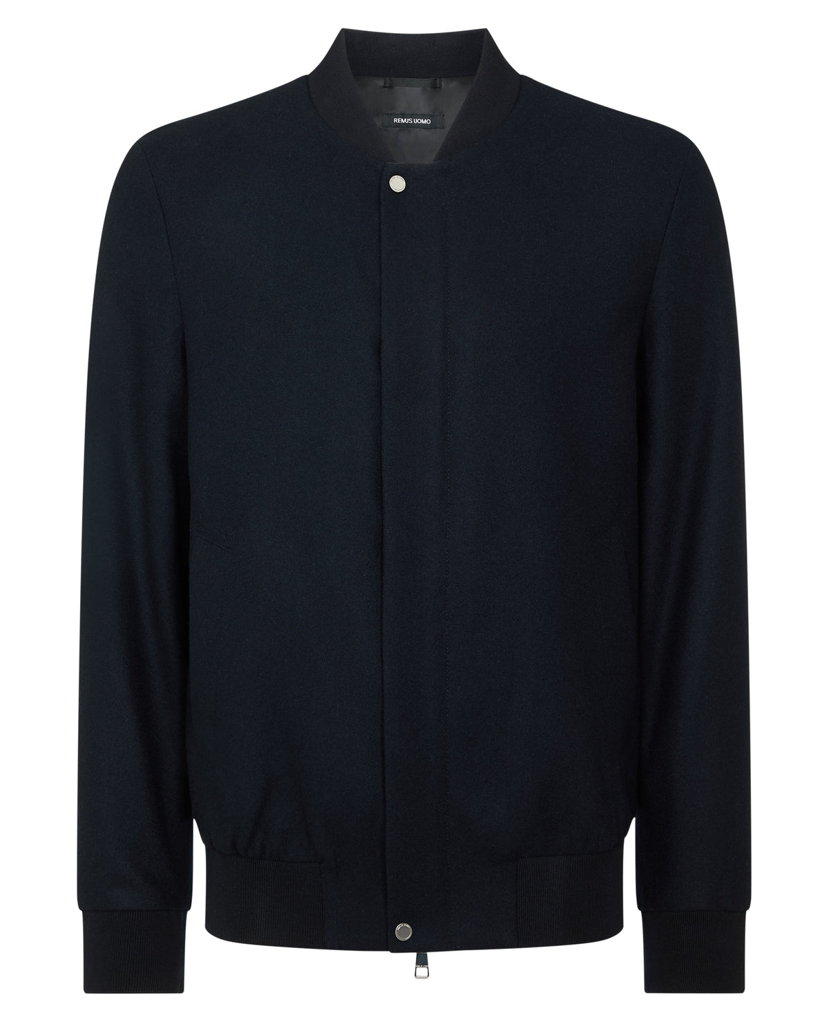 Man wearing a navy Wool-Blend Bomber Jacket