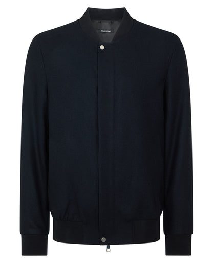 Man wearing a navy Wool-Blend Bomber Jacket