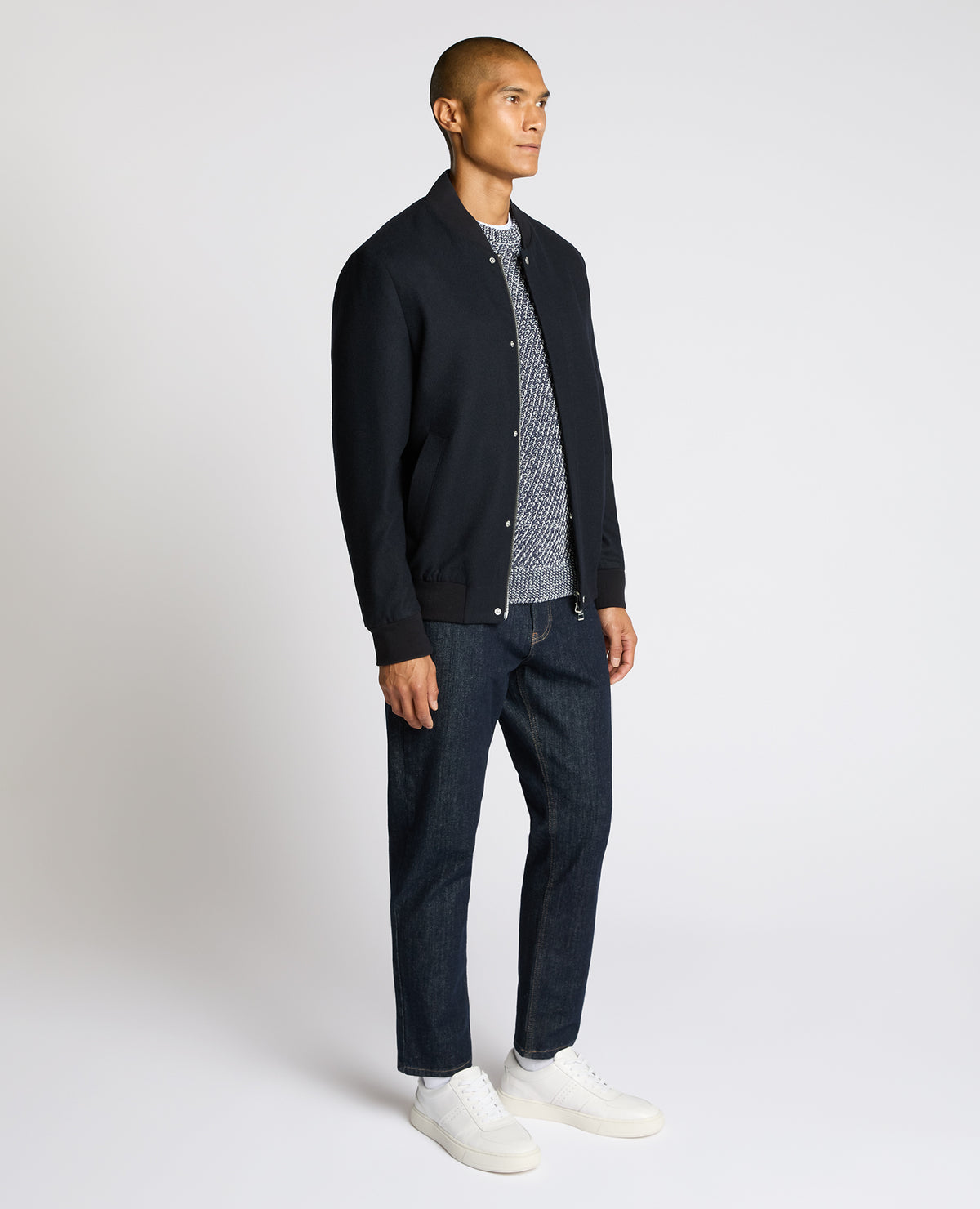 Man wearing a navy Wool-Blend Bomber Jacket