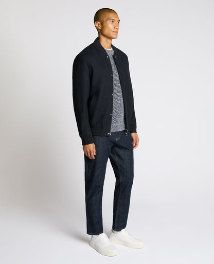 Man wearing a navy Wool-Blend Bomber Jacket