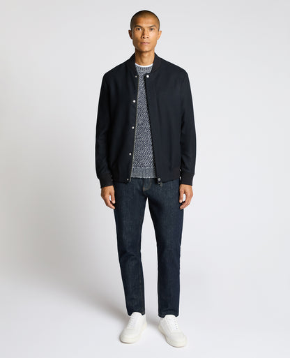 Man wearing a navy Wool-Blend Bomber Jacket