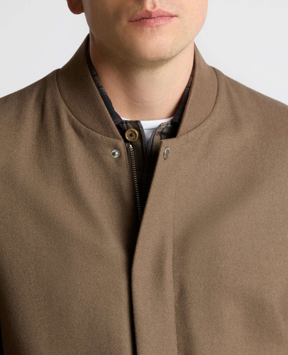 Man wearing a sand Wool-Blend Bomber Jacket
