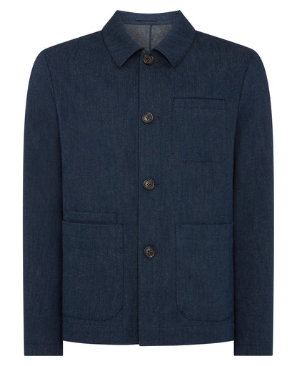 Man wearing a navy Cotton Chore Jacket