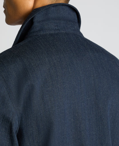 Man wearing a navy Cotton Chore Jacket
