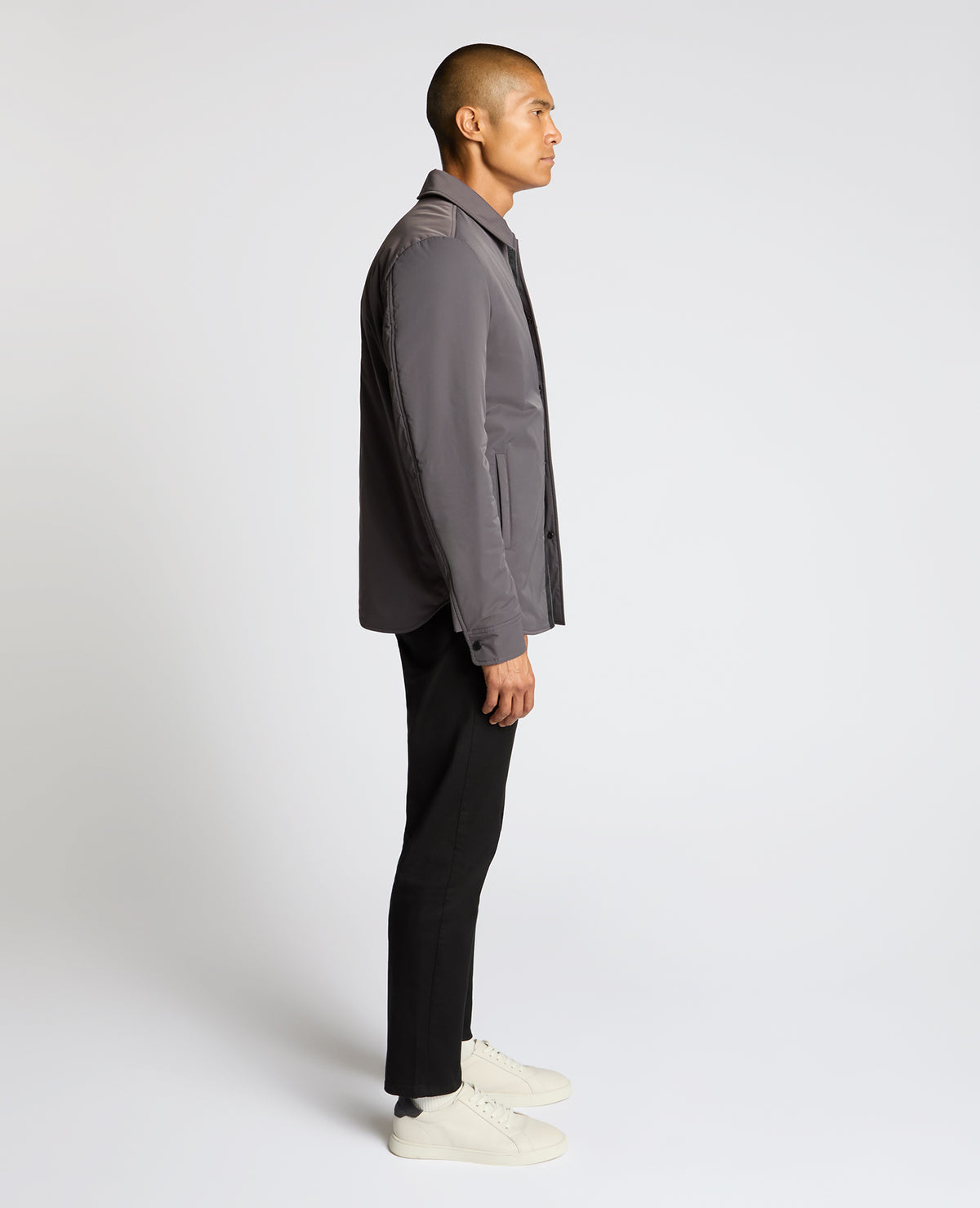 Man wearing a grey Padded Button-Up Jacket