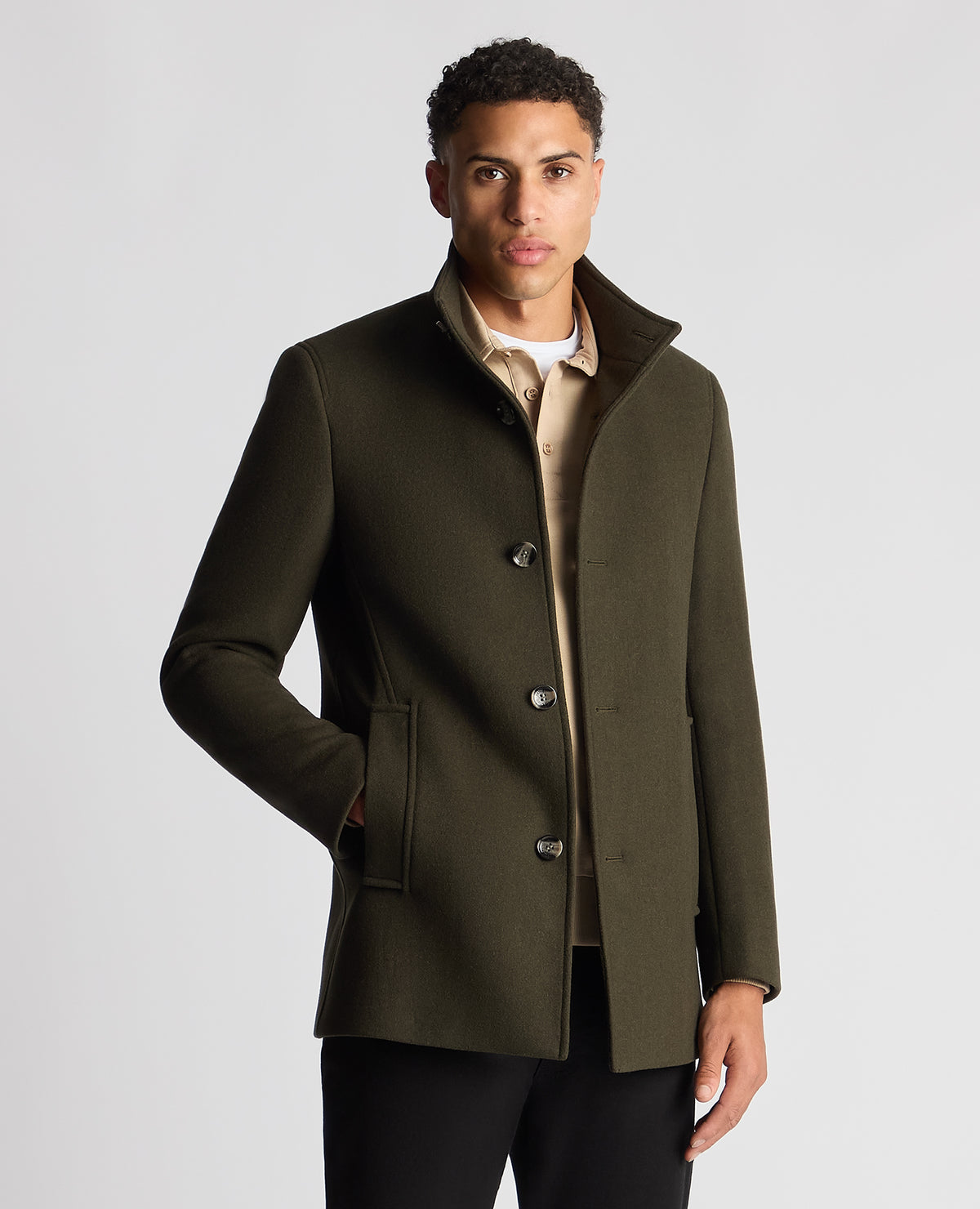 Man wearing a green Tapered Fit Wool-Blend Overcoat
