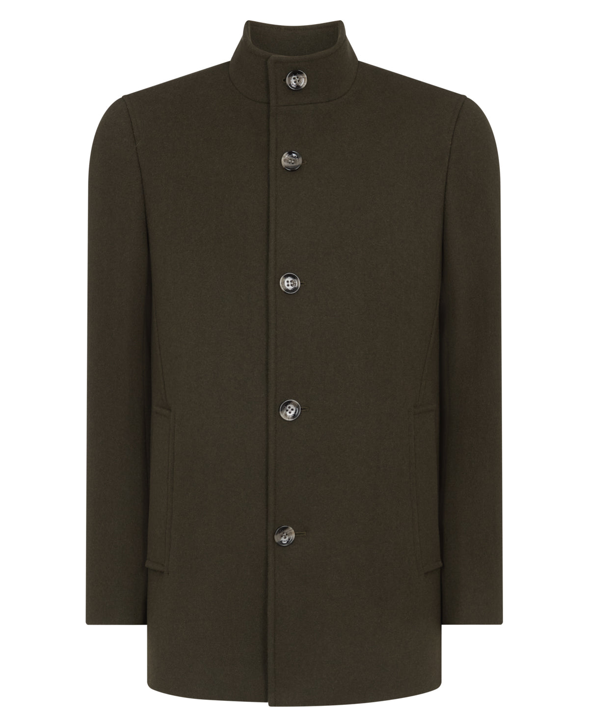 Man wearing a green Tapered Fit Wool-Blend Overcoat