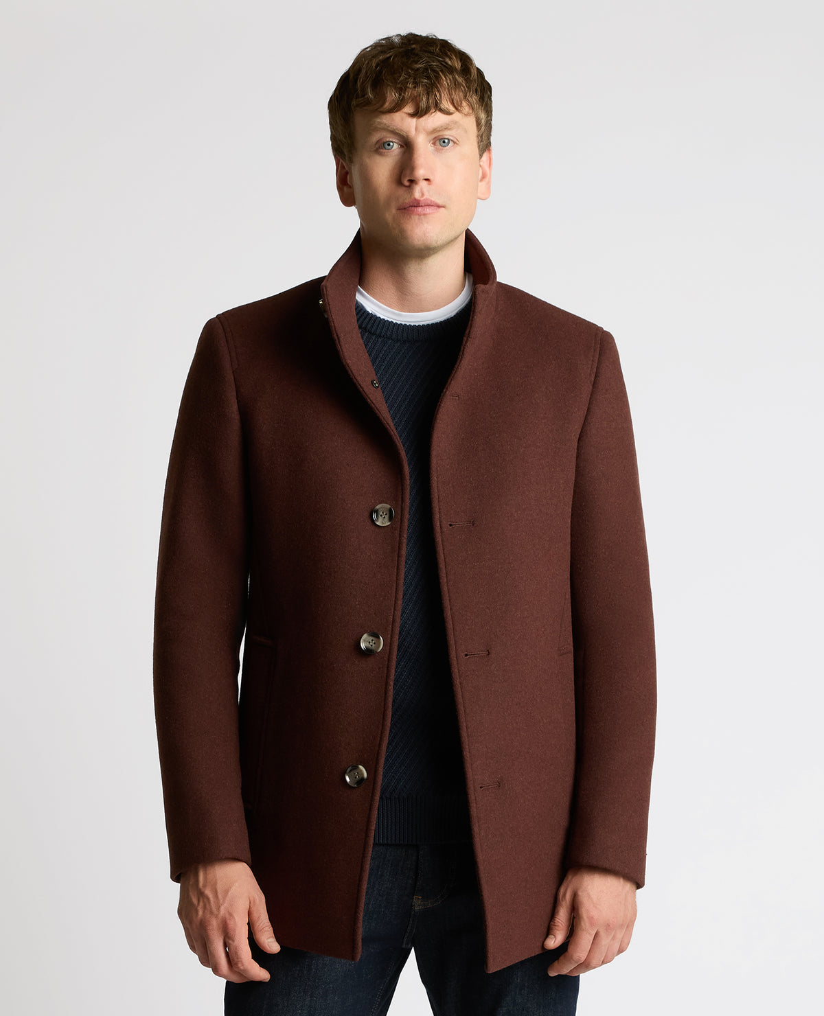 Man wearing a red Jonah Tailored Fit Wool Blend Overcoat