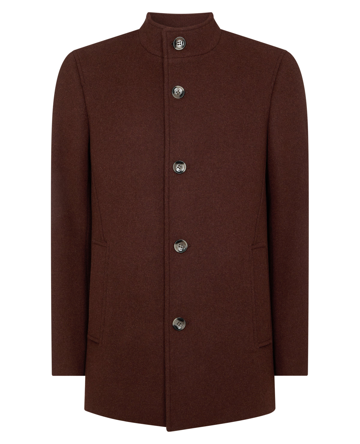 Man wearing a red Jonah Tailored Fit Wool Blend Overcoat