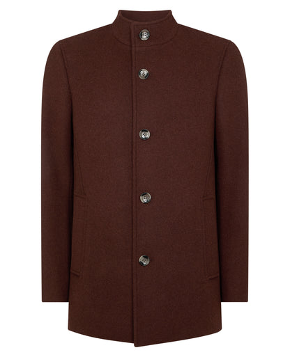 Man wearing a red Jonah Tailored Fit Wool Blend Overcoat