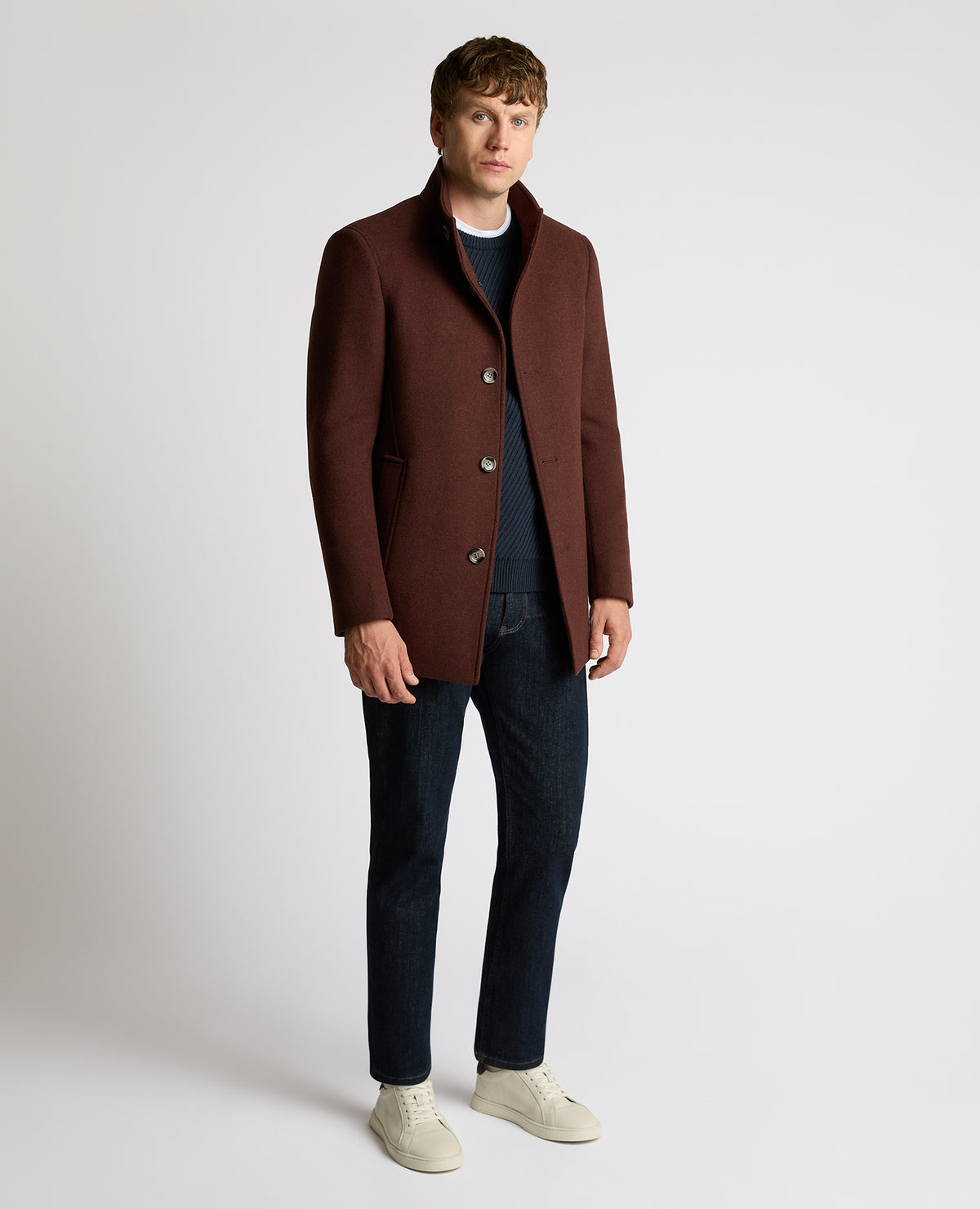 Man wearing a red Jonah Tailored Fit Wool Blend Overcoat