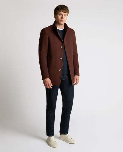 Man wearing a red Jonah Tailored Fit Wool Blend Overcoat