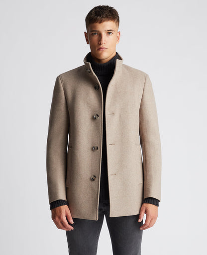 Man wearing a sand Tapered Fit Wool-Blend Tailored Coat