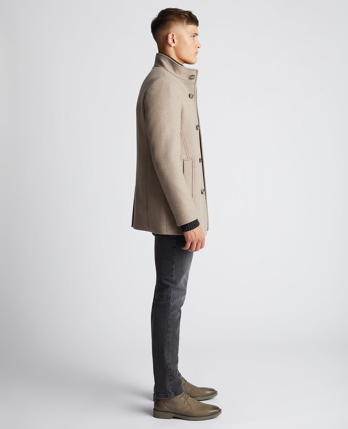 Man wearing a sand Tapered Fit Wool-Blend Tailored Coat