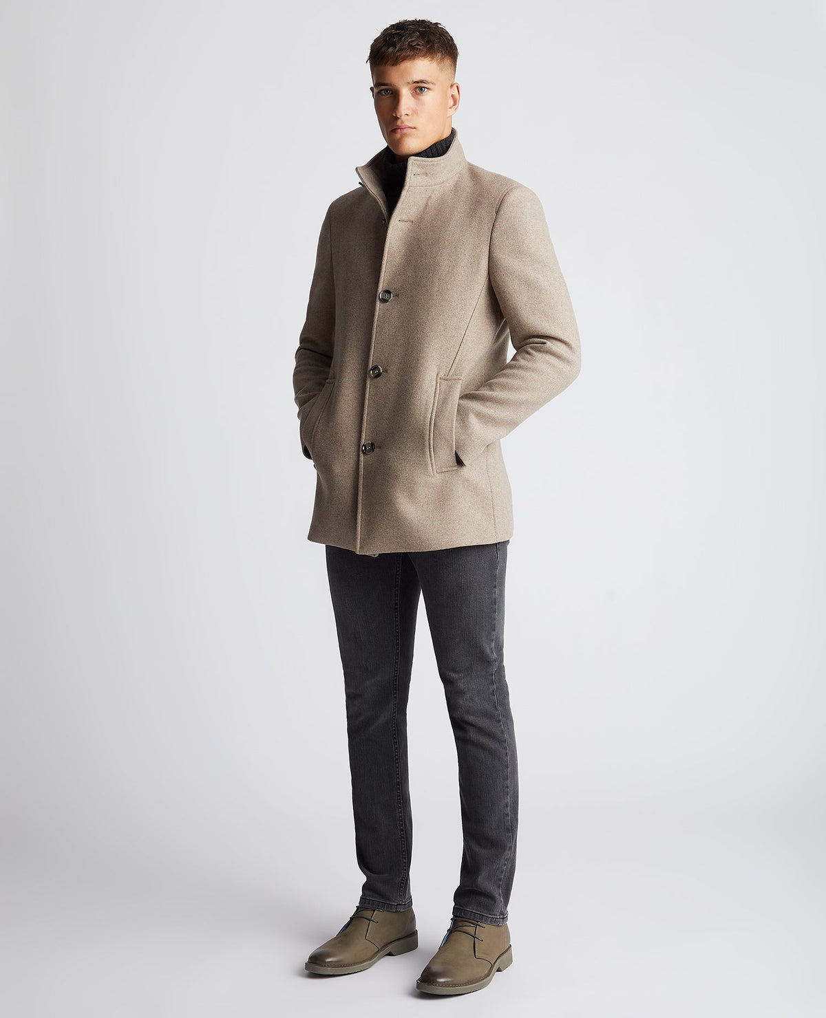 Man wearing a sand Tapered Fit Wool-Blend Tailored Coat