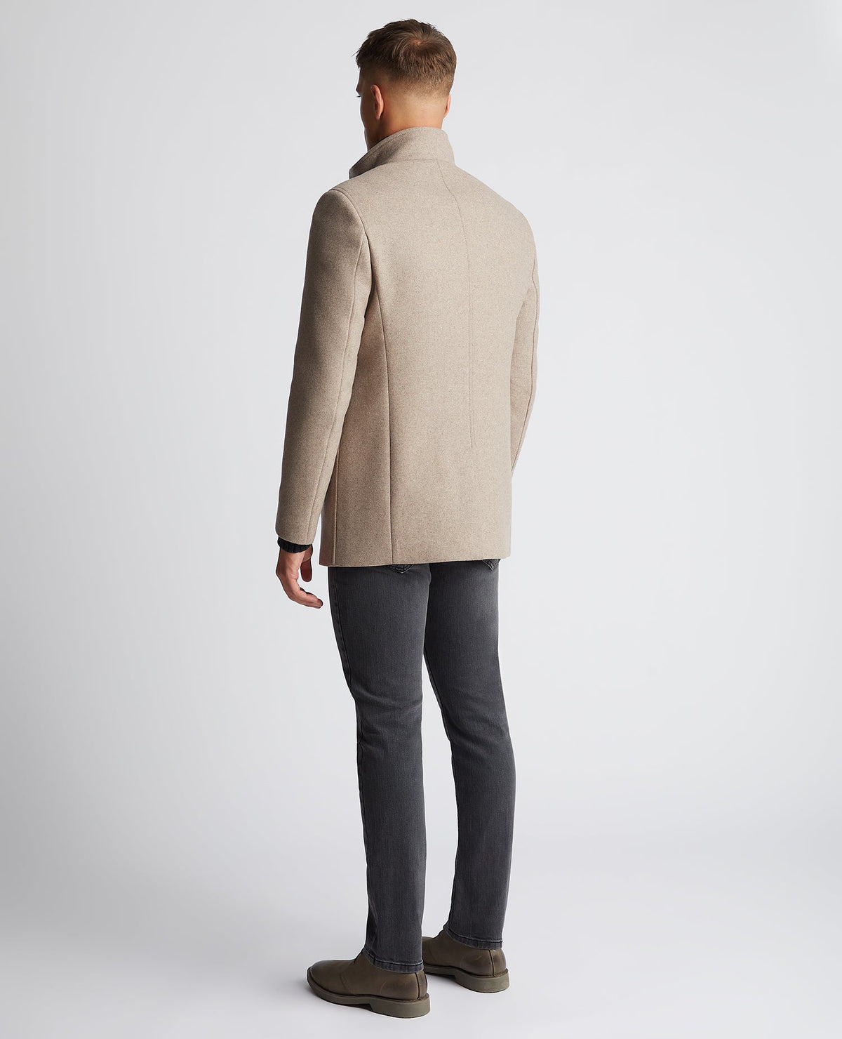 Man wearing a sand Tapered Fit Wool-Blend Tailored Coat