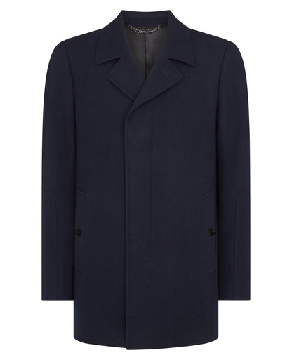 Man wearing a navy Tailored Fit Overcoat