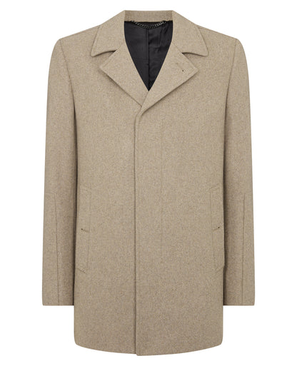 Man wearing a sand Lochlan Tailored Fit Wool Blend Overcoat