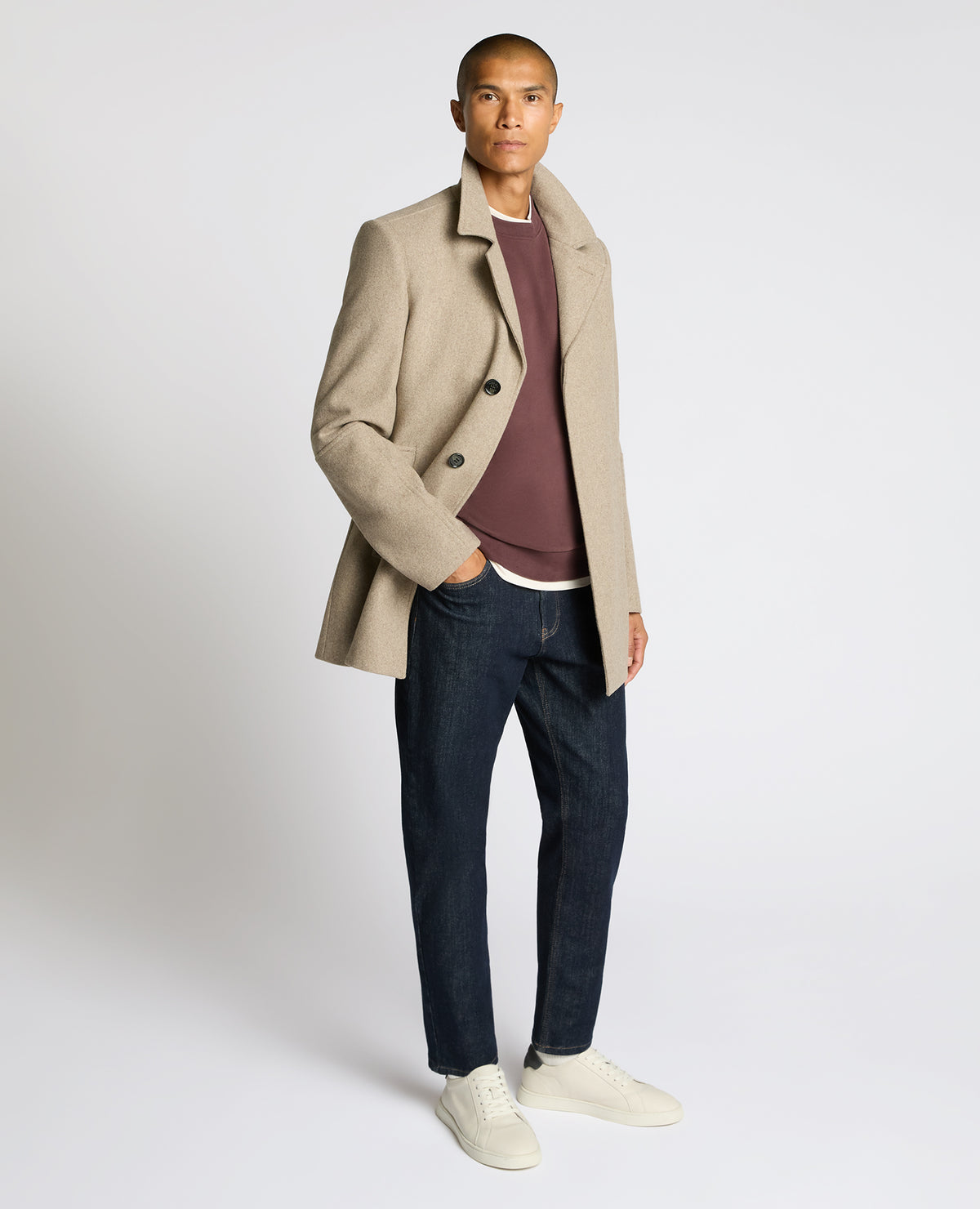 Man wearing a sand Lochlan Tailored Fit Wool Blend Overcoat