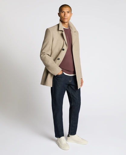 Man wearing a sand Lochlan Tailored Fit Wool Blend Overcoat