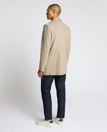 Man wearing a sand Lochlan Tailored Fit Wool Blend Overcoat