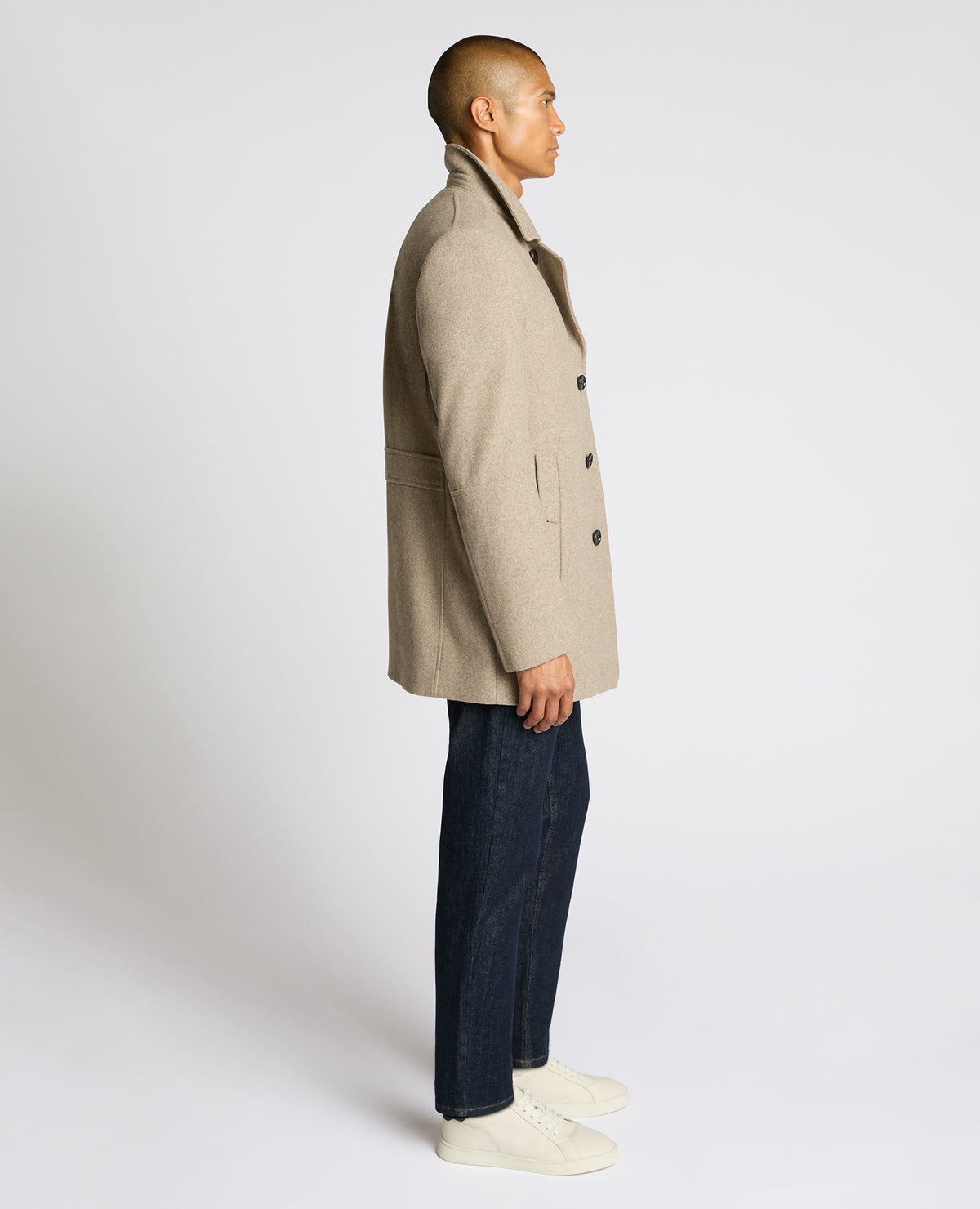 Man wearing a sand Lochlan Tailored Fit Wool Blend Overcoat